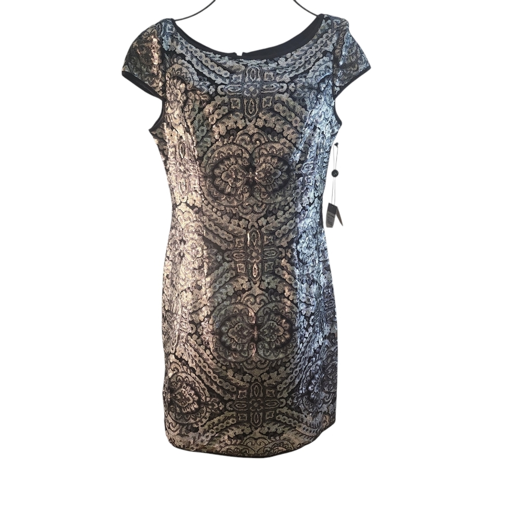💗 NWT Adrianna Papell Silver Sequin Cap Sleeve Shift Dress Size 8